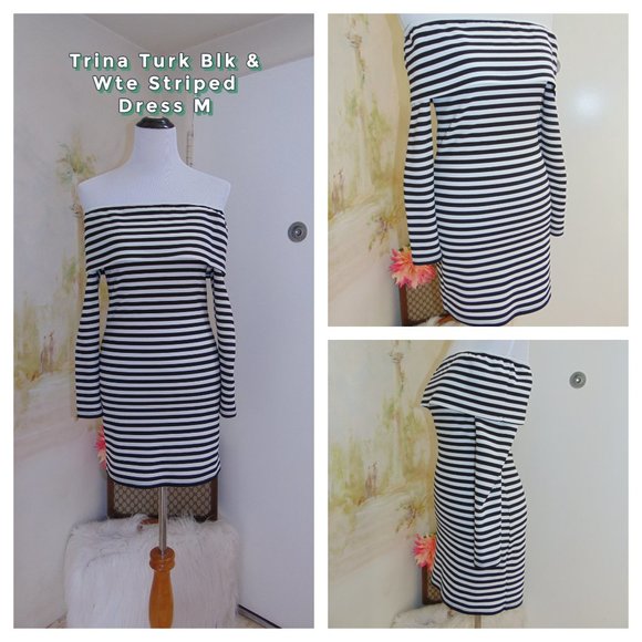 Trina Turk Off The Shoulder Black White Mini Dress - Picture 1 of 6